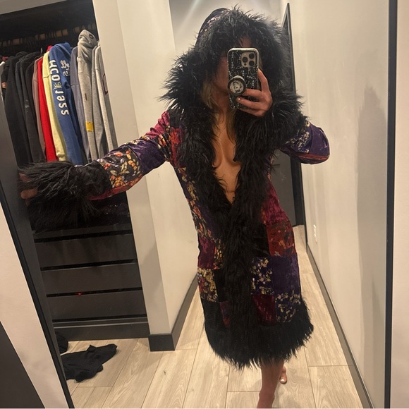 Colorful Goth Velvet Velour Patchwork Coat with Black Faux Fur Trim - Picture 1 of 6